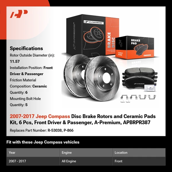 2007-2017 Jeep Compass Disc Brake Rotors and Ceramic Pads Kit, 6 Pcs, Front Driver & Passenger, A-Premium, APBRPR387