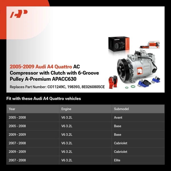 2005-2009 Audi A4 Quattro AC Compressor with Clutch with 6-Groove Pulley A-Premium APACC630