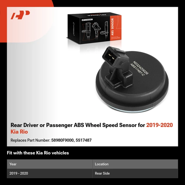 Rear Driver or Passenger ABS Wheel Speed Sensor for 2019-2020 Kia Rio