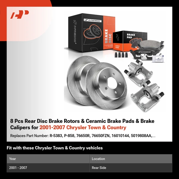 8 Pcs Rear Disc Brake Rotors & Ceramic Brake Pads & Brake Calipers for 2001-2007 Chrysler Town & Country