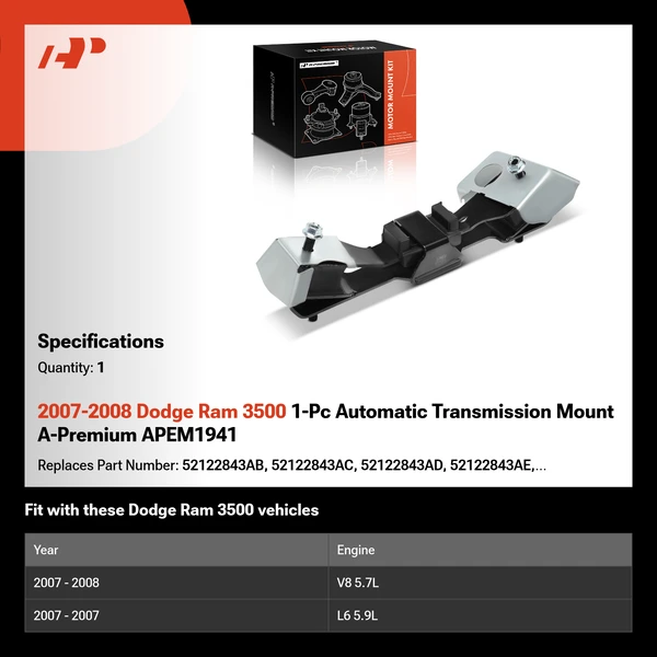 2007-2008 Dodge Ram 3500 1-Pc Automatic Transmission Mount A-Premium APEM1941