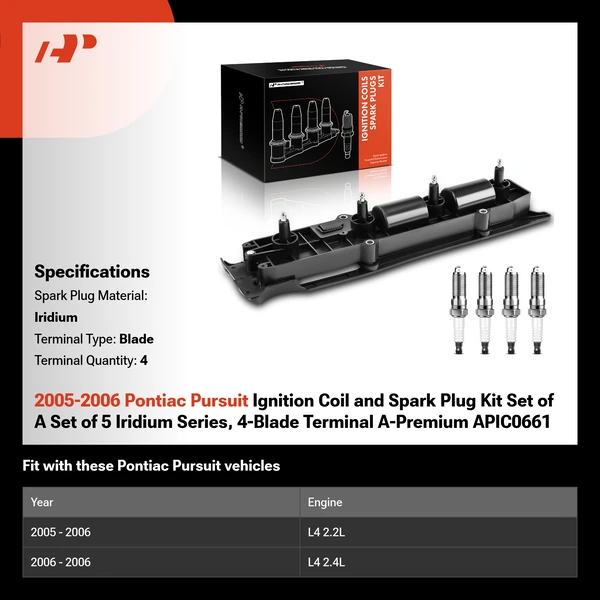 2005-2006 Pontiac Pursuit Ignition Coil and Spark Plug Kit Set of A Set of 5 Iridium Series, 4-Blade Terminal A-Premium APIC0661