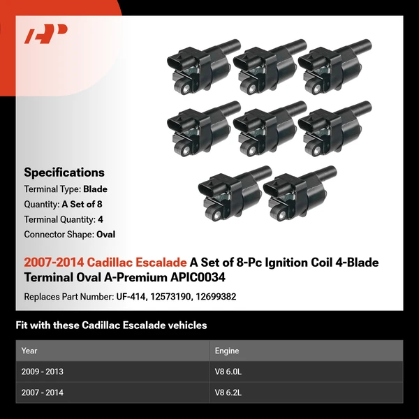 2007-2014 Cadillac Escalade A Set of 8-Pc Ignition Coil 4-Blade Terminal Oval A-Premium APIC0034