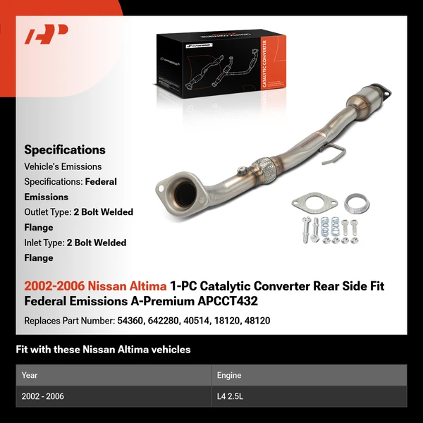 2002-2006 Nissan Altima 1-PC Catalytic Converter Rear Side Fit Federal Emissions A-Premium APCCT432