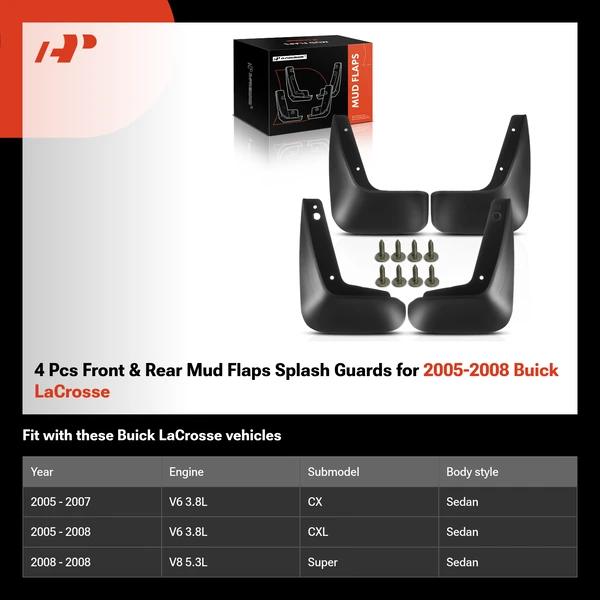 4 Pcs Front & Rear Mud Flaps Splash Guards for 2005-2008 Buick LaCrosse