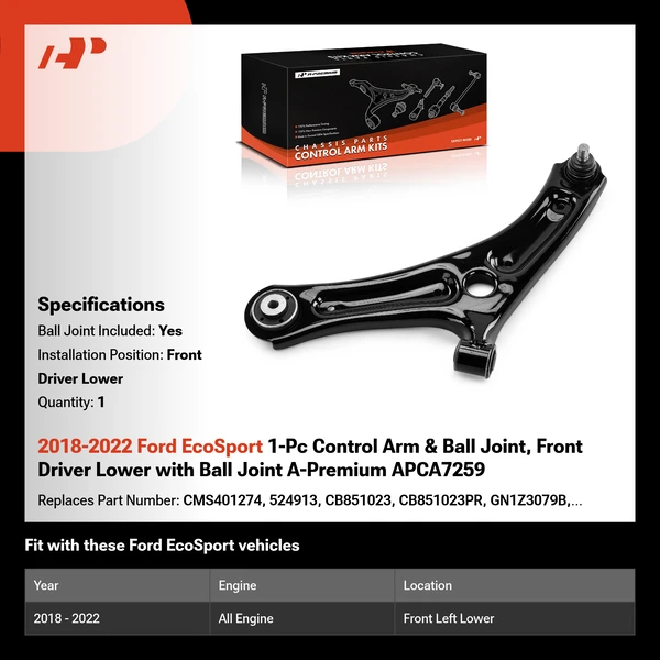 2018-2022 Ford EcoSport 1-Pc Control Arm & Ball Joint, Front Driver Lower with Ball Joint A-Premium APCA7259