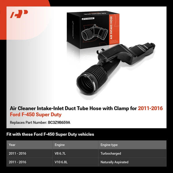 Air Cleaner Intake-Inlet Duct Tube Hose with Clamp for 2011-2016 Ford F-450 Super Duty