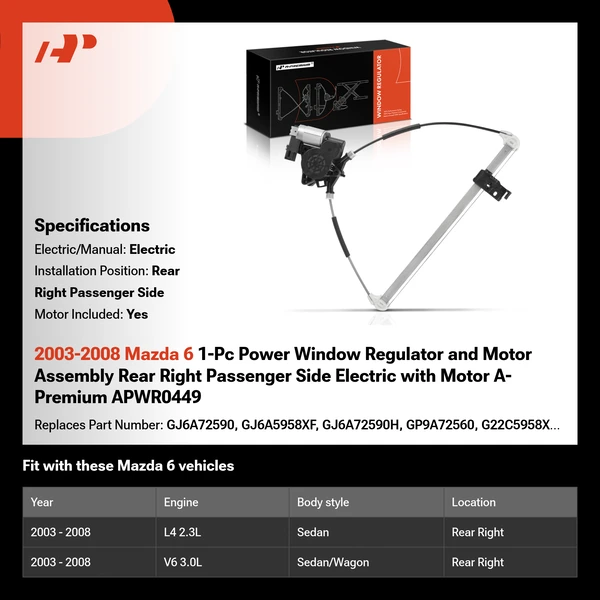 2003-2008 Mazda 6 1-Pc Power Window Regulator and Motor Assembly Rear Right Passenger Side Electric with Motor A-Premium APWR0449