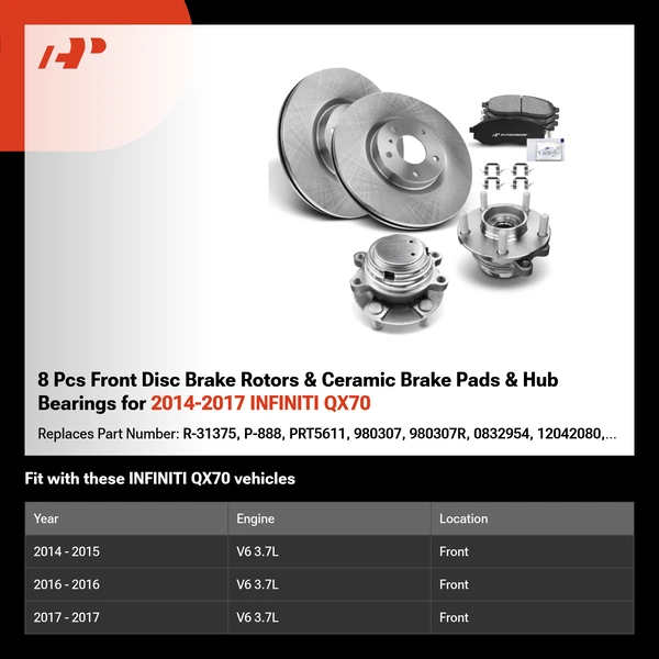 8 Pcs Front Disc Brake Rotors & Ceramic Brake Pads & Hub Bearings for 2014-2017 INFINITI QX70