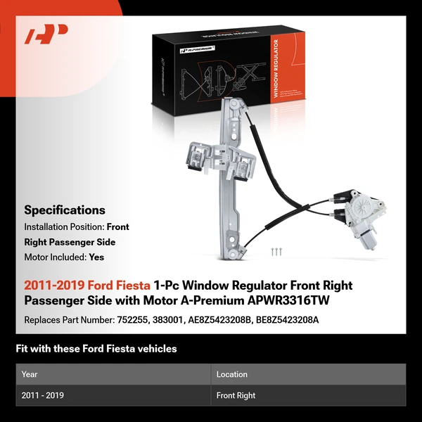 2011-2019 Ford Fiesta 1-Pc Window Regulator Front Right Passenger Side with Motor A-Premium APWR3316TW