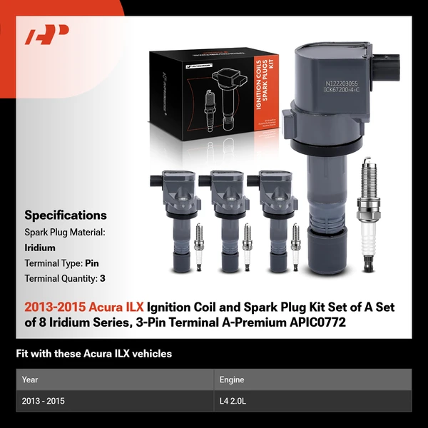 2013-2015 Acura ILX Ignition Coil and Spark Plug Kit Set of A Set of 8 Iridium Series, 3-Pin Terminal A-Premium APIC0772