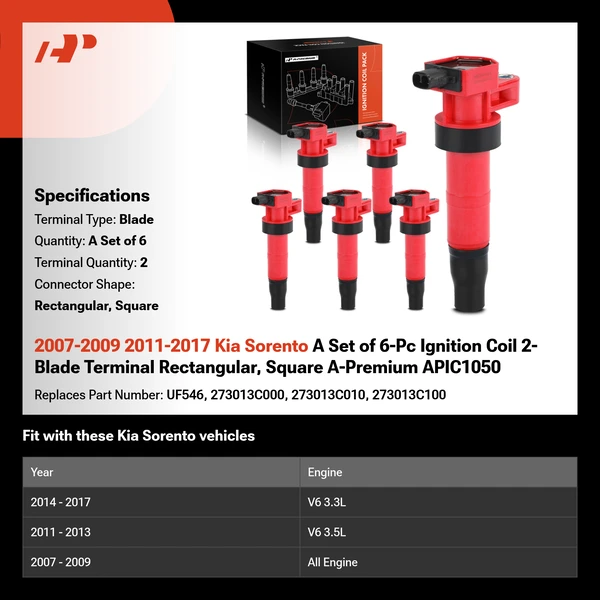 2007-2009 2011-2017 Kia Sorento A Set of 6-Pc Ignition Coil 2-Blade Terminal Rectangular, Square A-Premium APIC1050