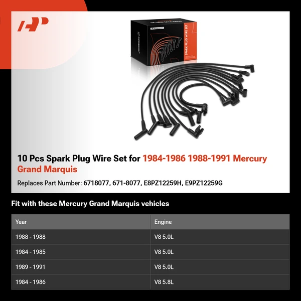 10 Pcs Spark Plug Wire Set for 1984-1986 1988-1991 Mercury Grand Marquis
