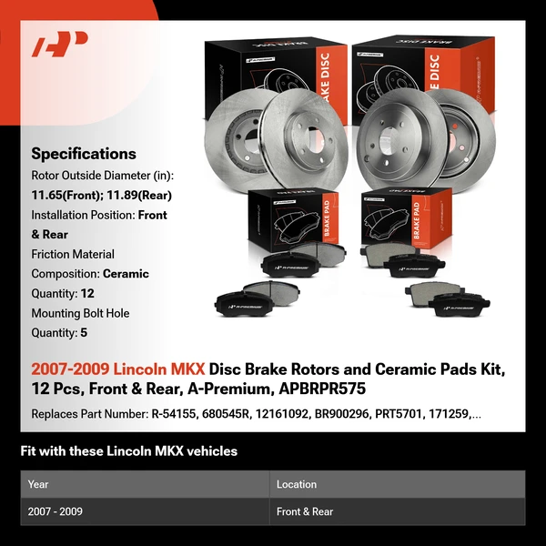 2007-2009 Lincoln MKX Disc Brake Rotors and Ceramic Pads Kit, 12 Pcs, Front & Rear, A-Premium, APBRPR575