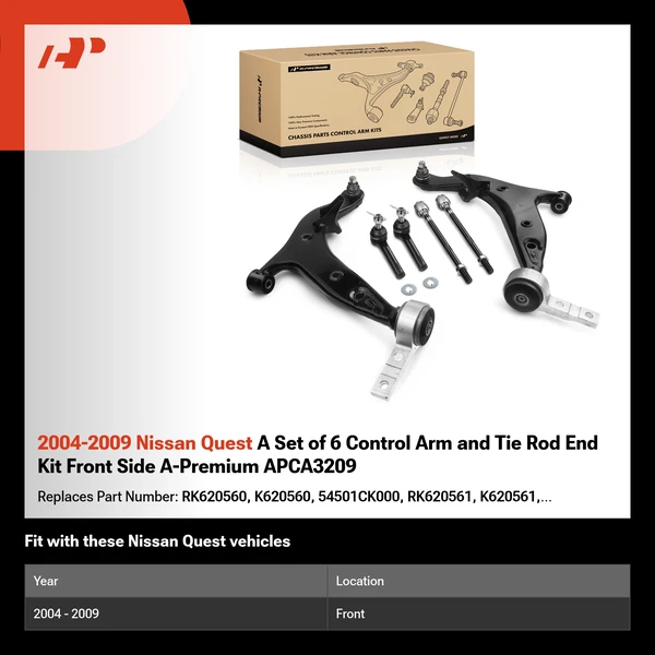 2004-2009 Nissan Quest A Set of 6 Control Arm and Tie Rod End Kit Front Side A-Premium APCA3209
