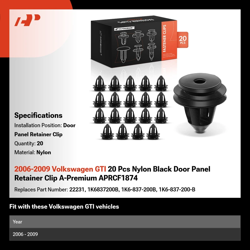 2006-2009 Volkswagen GTI 20 Pcs Nylon Black Door Panel Retainer Clip A-Premium APRCF1874