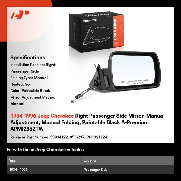 1984-1996 Jeep Cherokee Right Passenger Side Mirror, Manual Adjustment, Manual Folding, Paintable Black A-Premium APMI2852TW