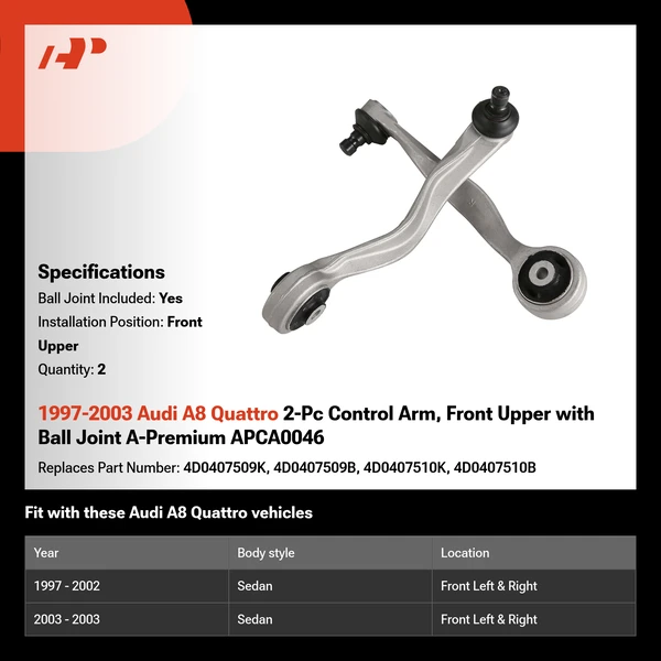1997-2003 Audi A8 Quattro 2-Pc Control Arm, Front Upper with Ball Joint A-Premium APCA0046