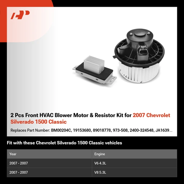 2 Pcs Front HVAC Blower Motor & Resistor Kit for 2007 Chevrolet Silverado 1500 Classic