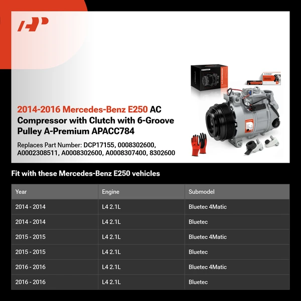 2014-2016 Mercedes-Benz E250 AC Compressor with Clutch with 6-Groove Pulley A-Premium APACC784