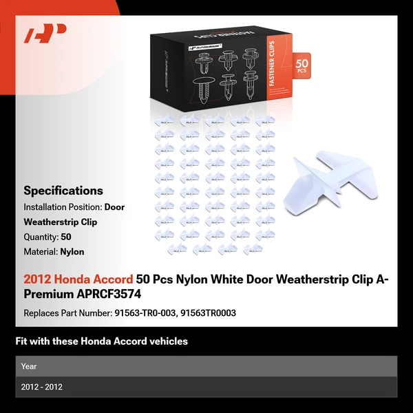 2012 Honda Accord 50 Pcs Nylon White Door Weatherstrip Clip A-Premium APRCF3574