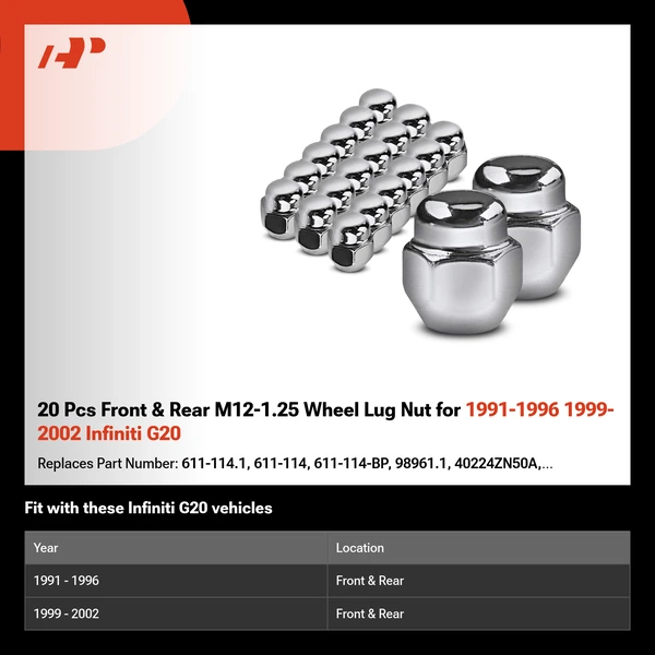 20 Pcs Front & Rear M12-1.25 Wheel Lug Nut for 1991-1996 1999-2002 Infiniti G20