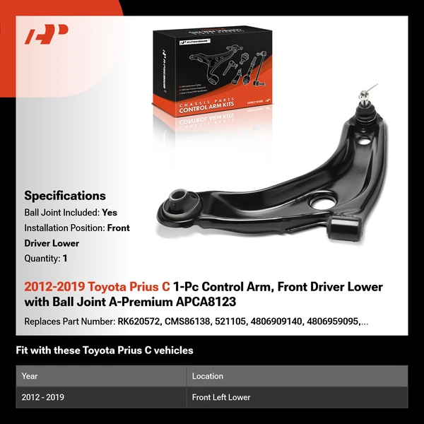 2012-2019 Toyota Prius C 1-Pc Control Arm, Front Driver Lower with Ball Joint A-Premium APCA8123