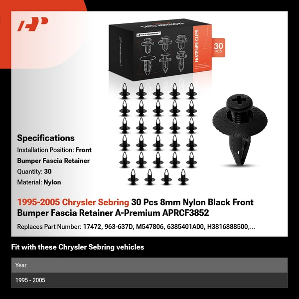 1995-2005 Chrysler Sebring 30 Pcs 8mm Nylon Black Front Bumper Fascia Retainer A-Premium APRCF3852