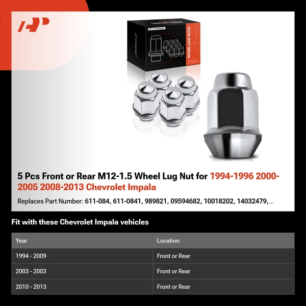 5 Pcs Front or Rear M12-1.5 Wheel Lug Nut for 1994-1996 2000-2005 2008-2013 Chevrolet Impala