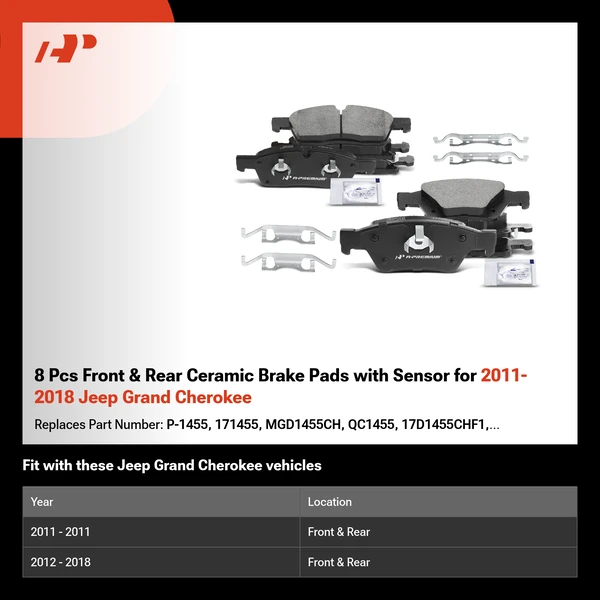 8 Pcs Front & Rear Ceramic Brake Pads with Sensor for 2011-2018 Jeep Grand Cherokee