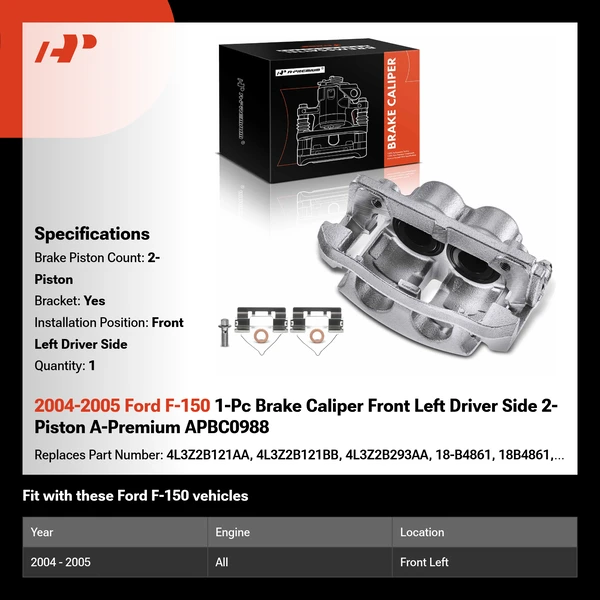 2004-2005 Ford F-150 1-Pc Brake Caliper Front Left Driver Side 2-Piston A-Premium APBC0988