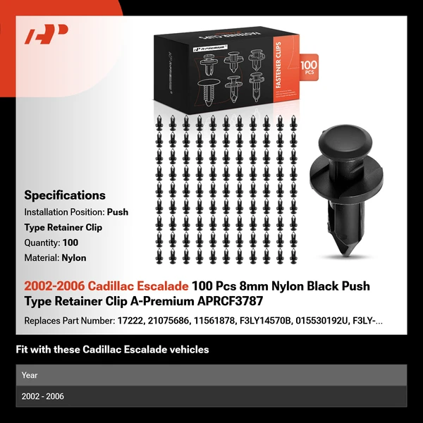 2002-2006 Cadillac Escalade 100 Pcs 8mm Nylon Black Push Type Retainer Clip A-Premium APRCF3787