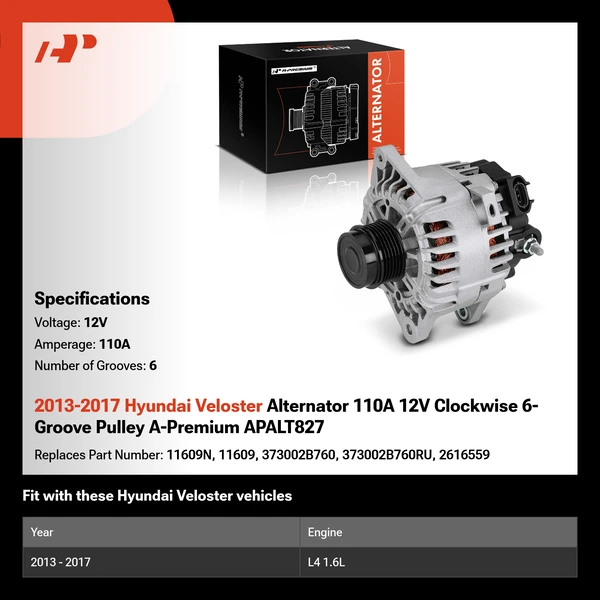 2013-2017 Hyundai Veloster Alternator 110A 12V Clockwise 6-Groove Pulley A-Premium APALT827