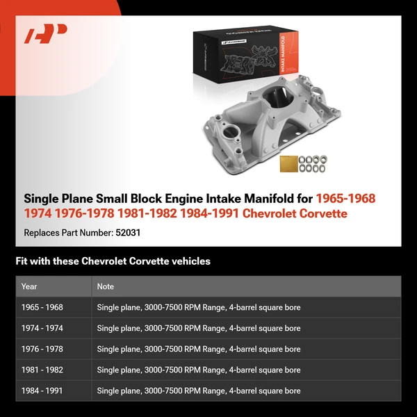 Single Plane Small Block Engine Intake Manifold for 1965-1968 1974 1976-1978 1981-1982 1984-1991 Chevrolet Corvette