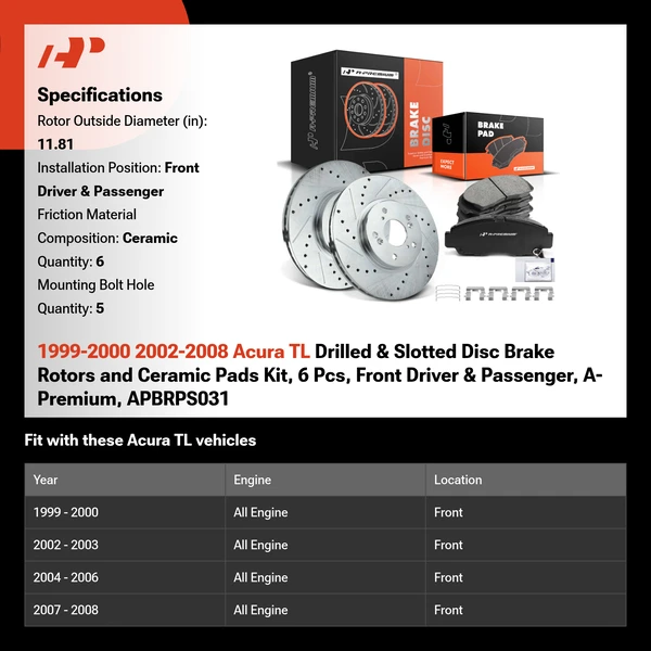 1999-2000 2002-2008 Acura TL Drilled & Slotted Disc Brake Rotors and Ceramic Pads Kit, 6 Pcs, Front Driver & Passenger, A-Premium, APBRPS031