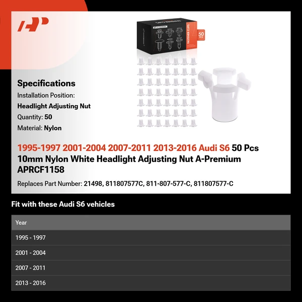 1995-1997 2001-2004 2007-2011 2013-2016 Audi S6 50 Pcs 10mm Nylon White Headlight Adjusting Nut A-Premium APRCF1158