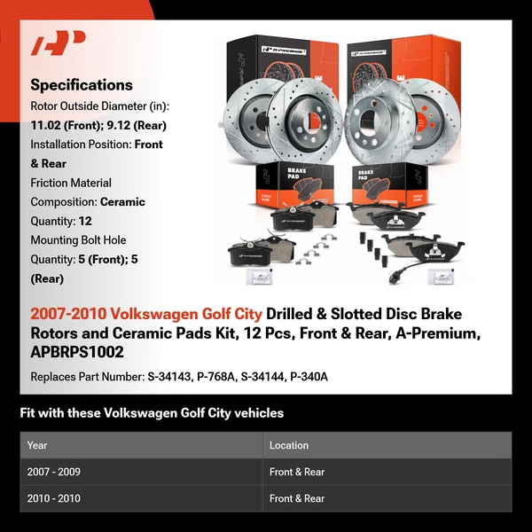 2007-2010 Volkswagen Golf City Drilled & Slotted Disc Brake Rotors and Ceramic Pads Kit, 12 Pcs, Front & Rear, A-Premium, APBRPS1002