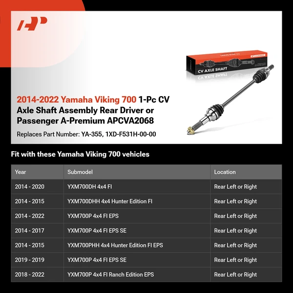 2014-2022 Yamaha Viking 700 1-Pc CV Axle Shaft Assembly Rear Driver or Passenger A-Premium APCVA2068