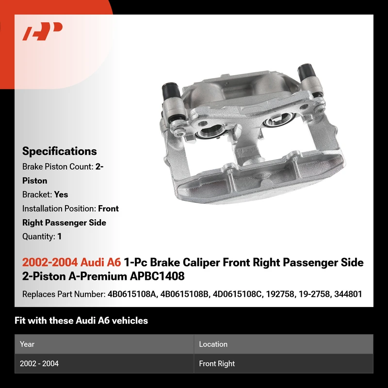 2002-2004 Audi A6 1-Pc Brake Caliper Front Right Passenger Side 2-Piston A-Premium APBC1408