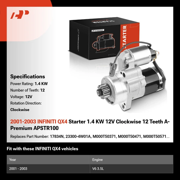 2001-2003 INFINITI QX4 Starter 1.4 KW 12V Clockwise 12 Teeth A-Premium APSTR100
