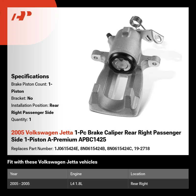 2005 Volkswagen Jetta 1-Pc Brake Caliper Rear Right Passenger Side 1-Piston A-Premium APBC1425