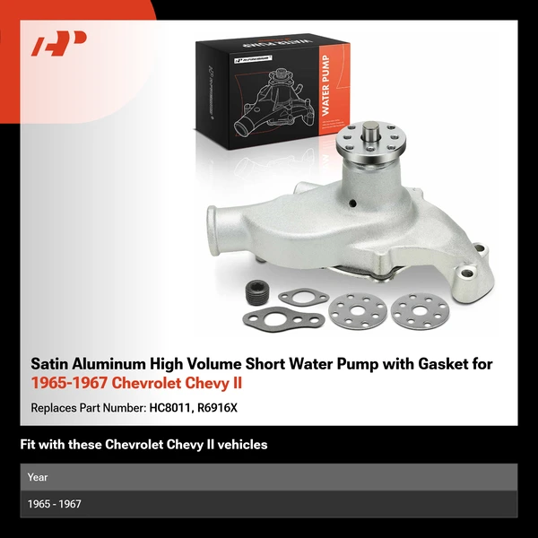 Satin Aluminum High Volume Short Water Pump with Gasket for 1965-1967 Chevrolet Chevy II