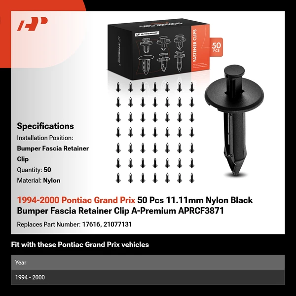 1994-2000 Pontiac Grand Prix 50 Pcs 11.11mm Nylon Black Bumper Fascia Retainer Clip A-Premium APRCF3871