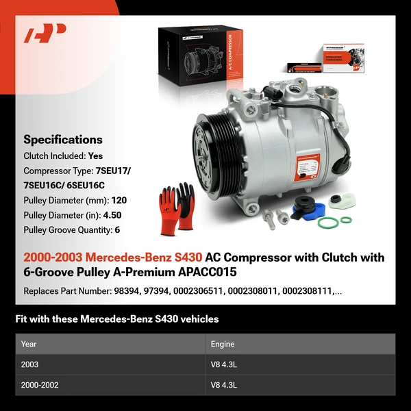 2000-2003 Mercedes-Benz S430 AC Compressor with Clutch with 6-Groove Pulley A-Premium APACC015
