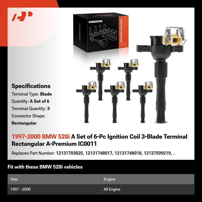 1997-2000 BMW 528i A Set of 6-Pc Ignition Coil 3-Blade Terminal Rectangular A-Premium IC0011