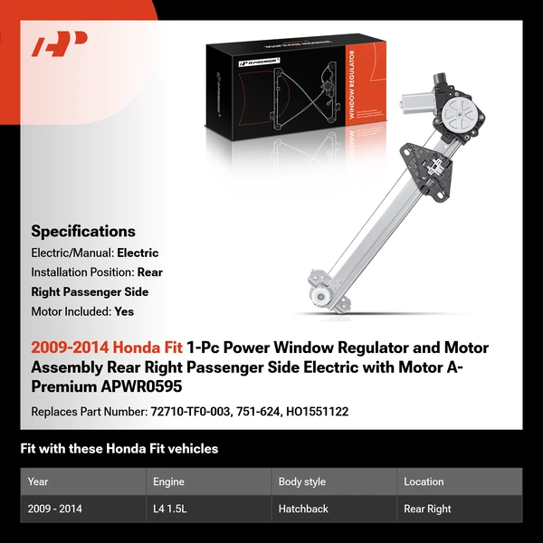 2009-2014 Honda Fit 1-Pc Power Window Regulator and Motor Assembly Rear Right Passenger Side Electric with Motor A-Premium APWR0595