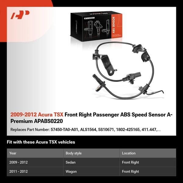 2009-2012 Acura TSX Front Right Passenger ABS Speed Sensor A-Premium APABS0220