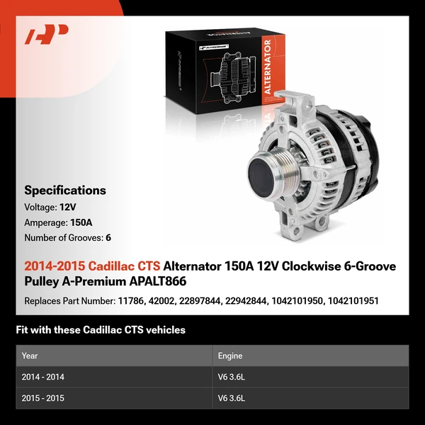 2014-2015 Cadillac CTS Alternator 150A 12V Clockwise 6-Groove Pulley A-Premium APALT866