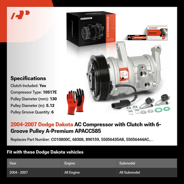 2004-2007 Dodge Dakota AC Compressor with Clutch with 6-Groove Pulley A-Premium APACC585