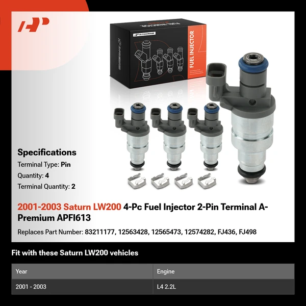 2001-2003 Saturn LW200 4-Pc Fuel Injector 2-Pin Terminal A-Premium APFI613